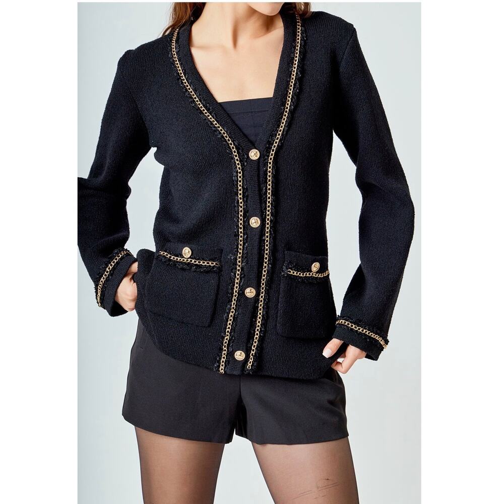 Endless Rose Cardigan Womens Size Small NWT Chain Trim Black Gold Sweater Blazer - Picture 4 of 16
